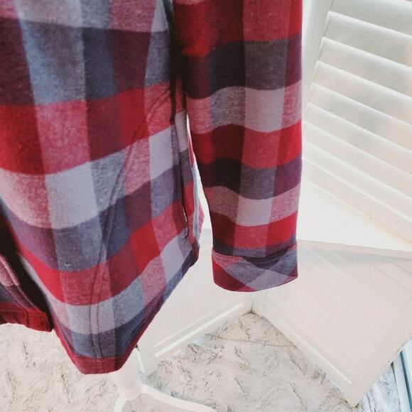 EDDIE BAUER PLAID SNAP DOWN BLUE/CRANBERRY NEW FLEECE LINED SIZE LARGE - Picture 6 of 9